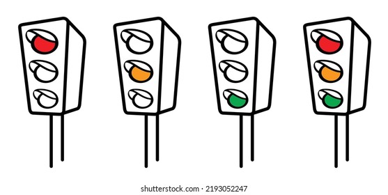 Stoplight. Cartoon, comic street traffic light. Drawing traffic lights signal icon or sign. Red, yellow and green. Road symbol. Signals for navigation. Stop, wait or go signboard.v.