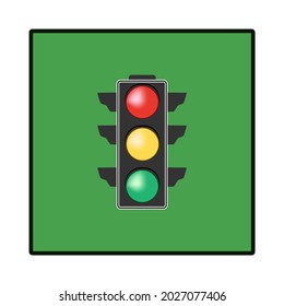 Stoplight. Icon traffic light on green square.. Symbol regulate movement safety and warning. Electricity semaphore regulate transportation on crossroads urban road. Flat vector illustration.