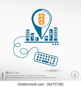 Stoplight and keyboard. Line icons for application development, creative process.
