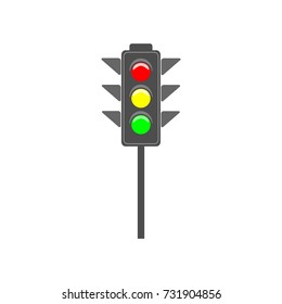 Stoplight sign. Icon traffic light on white background. Symbol regulate movement safety and warning. Electricity semaphore regulate transportation on crossroads urban road. Flat vector illustration.