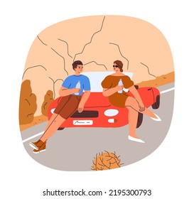 Stopover After Car Travel. Couple During Summer Holiday Road Trip. Man, Woman Tourists Stop To Drink Water Near Convertible Auto On Vacation Ride. Flat Vector Illustration Isolated On White