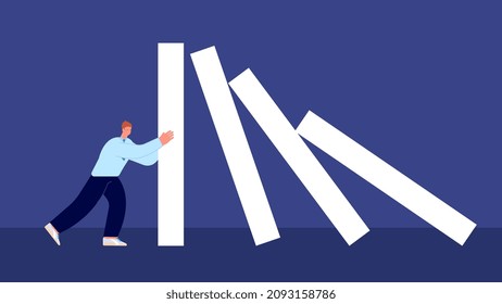 Stopped falling dominoes. Businessman and domino effect. Leadership and crisis management metaphor. Finance support and intervention, vector concept