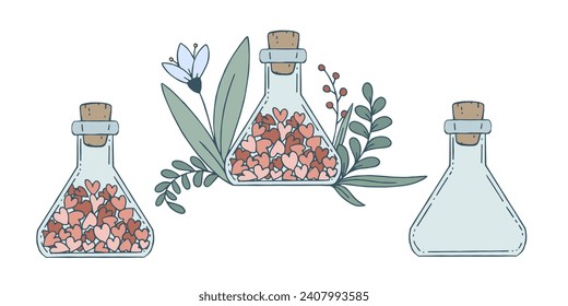 Stoppered glass bulb with love potions and heart inside with floral elements. Vector clip-art illustration on a white background.