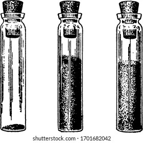 A stoppered vial two-thirds filled with a darkish granular substance, vintage line drawing or engraving illustration.