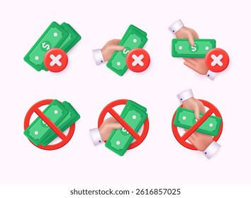 Stopping corruption concept. Set 3d icons of finance, Bank, Financial services. Stack of Money. 3D Web Vector Illustrations.