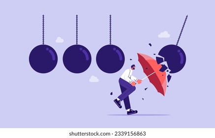 stopping domino effect crisis management chain reaction finance intervention conflict prevention concept, Businessman holding umbrella protects from a collision with a broken wrecking ball