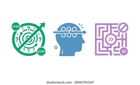 Stopping rumination and overthinking vector icon set featuring blocked endless spirals, cutting obsessive thought loops, and solving mental mazes in a solid flat style.
