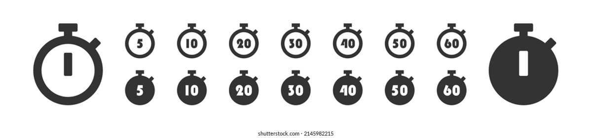 Stopwarch icon set. Clock symbol, timer sign. Countdown illustration in vector flat style.