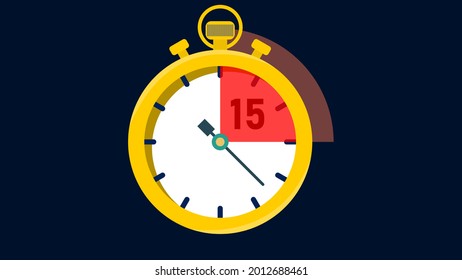 Stopwatch with 15 minutes bookmark. 15 minutes timer clock. Sport timer, start, finish, race, time management concepts.