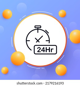 Stopwatch with 24 hour sign line icon. Time, around the clock, service, twenty four, signboard, watch, time management, hour, minute. Business concept. Vector line icon for Business and Advertising.