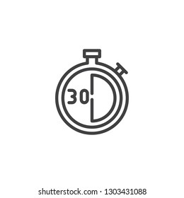 Stopwatch with 30 minutes delivery time vector icon. filled flat sign for mobile concept and web design. Thirty minutes food delivery simple solid icon. Symbol, logo illustration. Pixel perfect