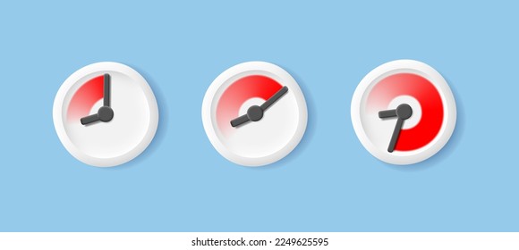 Stopwatch 3d render icon with 3 states of time running out, render illustration