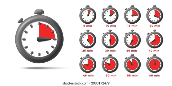 Stopwatch 3d render icon with each 5 seconds in a minute indicated with red