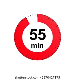 Stopwatch 55 minutes timer clock icon. Countdown timer. Different uses such as preparation time, cosmetic or chemical application time, waiting time. Vector illustration