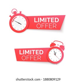 Stopwatch and alarm clock with special offer. Limited time offer banner. Big sale discount. Vector