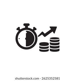 Stopwatch with Arrow and Coin Stack Representing Time and Financial Growth