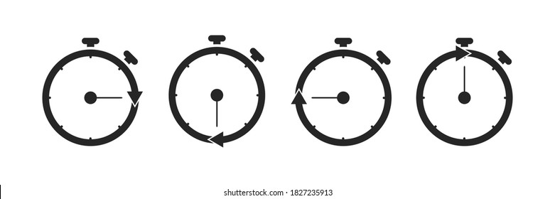 Stopwatch with arrow icon. Isolated set of countdown tool. Start and stop chronometer. Round stop watch symbol on white background. Simple black countdown with arrow inside. EPS 10