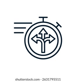 Stopwatch, arrows in different directions. Concept of Agile, control, flexibility. Vector linear icon isolated on white background.