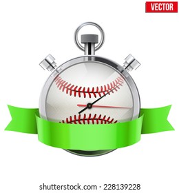 Stopwatch with baseball ball inside and ribbon. Sport and training vector illustration. Isolated on white background.