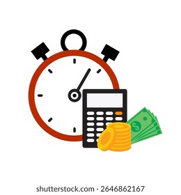 Stopwatch with Black Calculator, Green Bills, and Gold Coins for Time Management and Finance