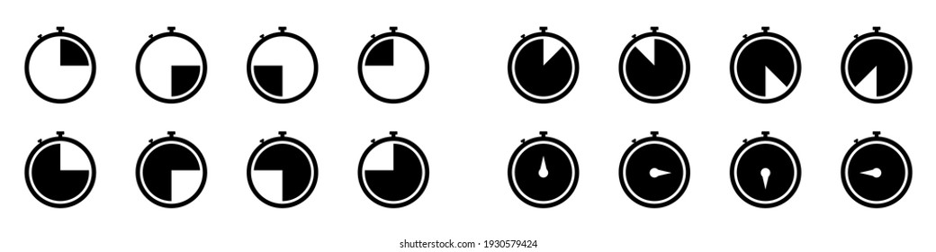 Stopwatch black icons set. Vector set of trendy stopwatches icons. Timer vector icon. Clock icon set. Vector illustration.