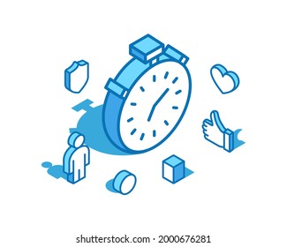 Stopwatch Blue Line Isometric Illustration. Timer, Clock 3D Banner Template.