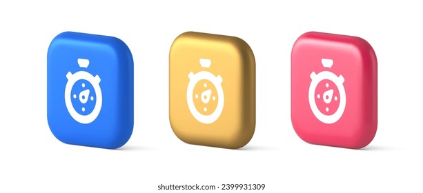 Stopwatch button timer speed time counting accuracy measure application panel interface 3d realistic blue gold and pink icons. Countdown analog chronometer minute second fixing