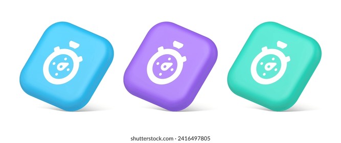 Stopwatch button timer speed time counting accuracy measure application panel interface 3d realistic blue purple and green icons. Countdown analog chronometer minute second fixing