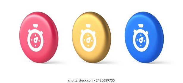 Stopwatch button timer speed time counting accuracy measure application panel interface 3d realistic blue gold and pink icons. Countdown analog chronometer minute second fixing