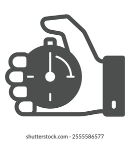 Stopwatch button turn on solid icon, timer ticking concept. Vector graphics. Clock in hand sign on white background, glyph style icon for mobile or web design