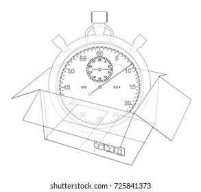 Stopwatch with cardboard box sketch. Vector rendering of 3d. Wire-frame style. The layers of visible and invisible lines are separated