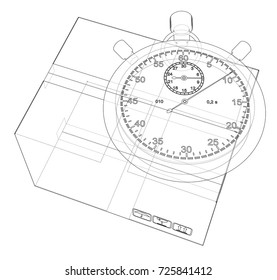 Stopwatch with cardboard box sketch. Vector rendering of 3d. Wire-frame style. The layers of visible and invisible lines are separated