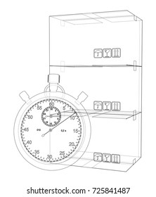 Stopwatch with cardboard box sketch. Vector rendering of 3d. Wire-frame style. The layers of visible and invisible lines are separated
