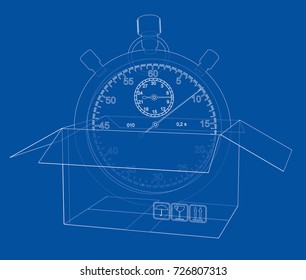 Stopwatch with cardboard box sketch. Vector rendering of 3d. Wire-frame style. The layers of visible and invisible lines are separated