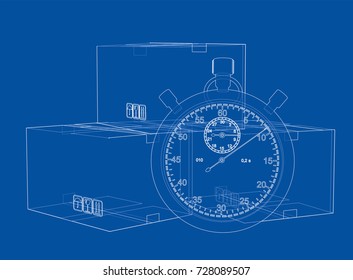 Stopwatch with cardboard box sketch. Vector rendering of 3d. Wire-frame style. The layers of visible and invisible lines are separated