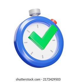 Stopwatch and Check mark 3d icon. Isolated object on a transparent background