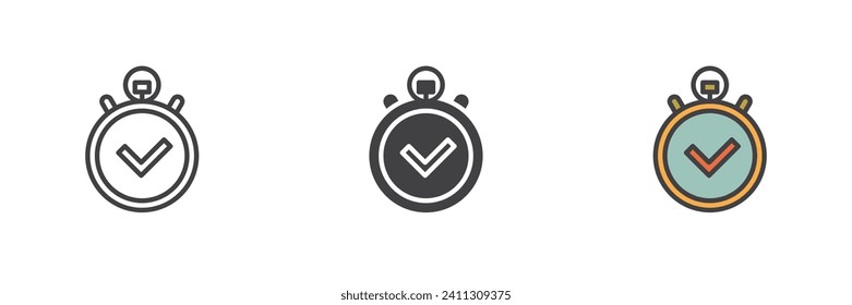 Stopwatch with check mark different style icon set. Line, glyph and filled outline colorful version, outline and filled vector sign. Time management symbol, logo illustration. Vector graphics