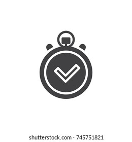 Stopwatch with check mark icon vector, filled flat sign, solid pictogram isolated on white. Time management symbol, logo illustration