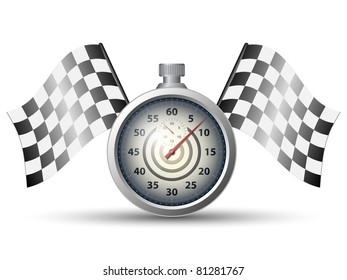 Stopwatch with checkered racing flags, vector