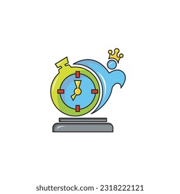 stopwatch clock with abstract man beside it wearing crown, modern sign template. solid color style,

