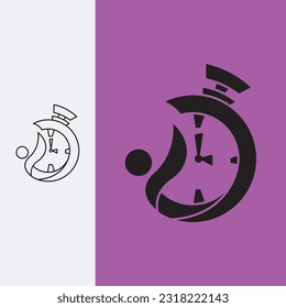 stopwatch clock combined with an abstract human, logo vector design template best. Line art style and silhouette stylish.