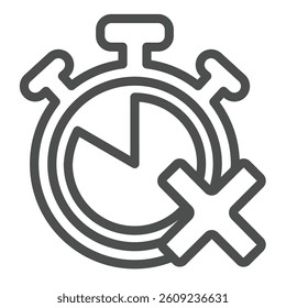 Stopwatch clock and cross line icon, project schedule concept. Vector graphics. Clock and task complete error, failure sign on white background, outline style icon for mobile or web design