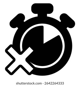 Stopwatch clock and cross solid icon, project schedule concept. Vector graphics. Clock and task complete error, failure sign on white background, style mobile or design