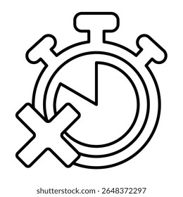 Stopwatch clock and cross thin line icon, project schedule concept. Vector graphics. Clock and task complete error, failure sign on white background, style mobile or design