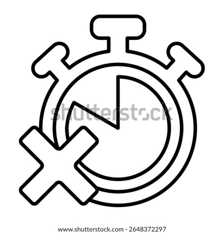 Stopwatch clock and cross thin line icon, project schedule concept. Vector graphics. Clock and task complete error, failure sign on white background, style mobile or design
