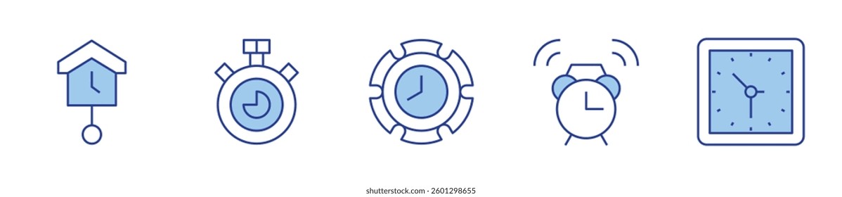 stopwatch, clock, cuckoo clock, alarm clock. Clock Icon vector illustration. Line Duotone style. Editable stroke.