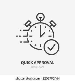 Stopwatch, clock flat line icon. Fast money transaction concept sign. Thin linear logo for financial services, quick loan approval, cash transfer, online payment, delivery vector illustration.