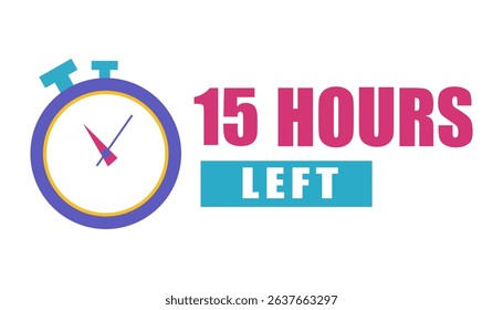 Stopwatch clock icon. Countdown fifteen hours. Bold 15 hours left. Vector timer illustration.
