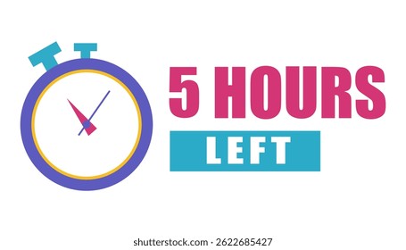 Stopwatch clock icon. Countdown five hours. Bold 5 hours left. Vector timer illustration.
