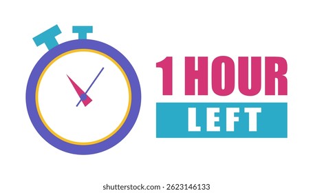 Stopwatch clock icon. Countdown one hour. Bold 1 hour left. Vector timer illustration. Print